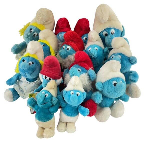 Vintage Lot of 14 Peyo Smurfs Plush Stuffed Toys Smurfette Papa Smurf Pre-Owned